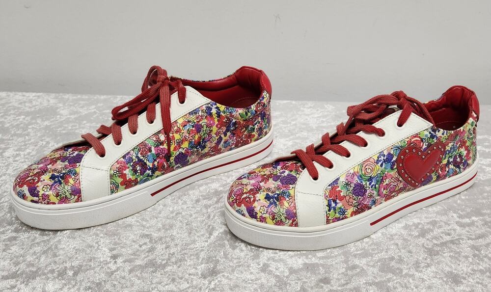 Brighton Blooms Womens White & Multicolor Floral Design Leather Sneakers-Size 8M